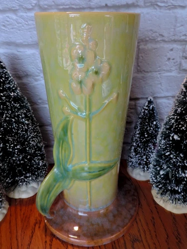 Vtg ROSEVILLE POTTERY WINCRAFT VASE 285-10 Green Yellow Floral Motif 10.5"
