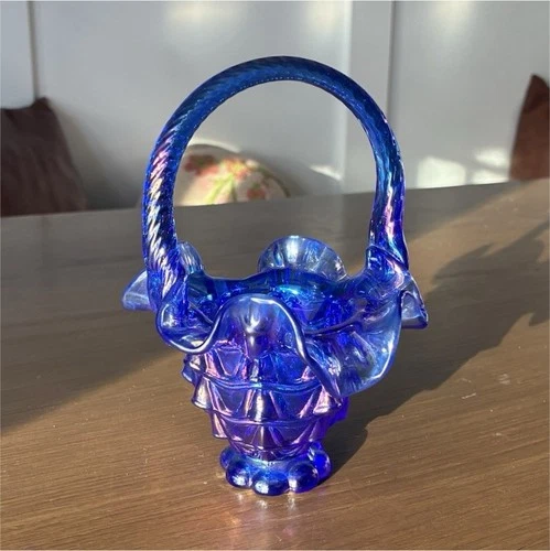 Fenton Cobalt Blue Carnival Glass basket