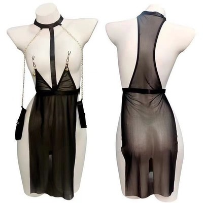 Sheer Qipao Lingerie Set with Nipple Clamps Chain One Size Plus Size Roleplay