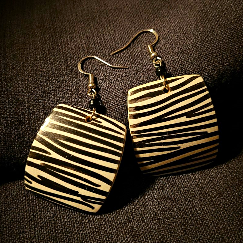 Wooden Zebra Print Rectangle Dangle Hook Earrings Black White No Stone