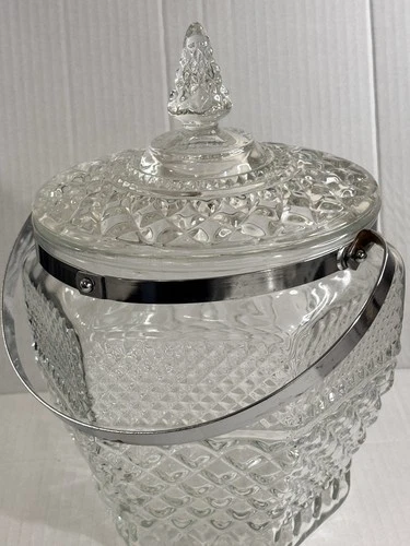 Vintage Anchor Hocking Wexford Ice Bucket  w/Lid & Handle Cut Glass Chrome Nice!