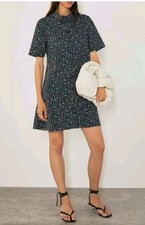 Zara Women's Size S Navy Blue Floral A Line Shirt Dress Button Up Prairie 