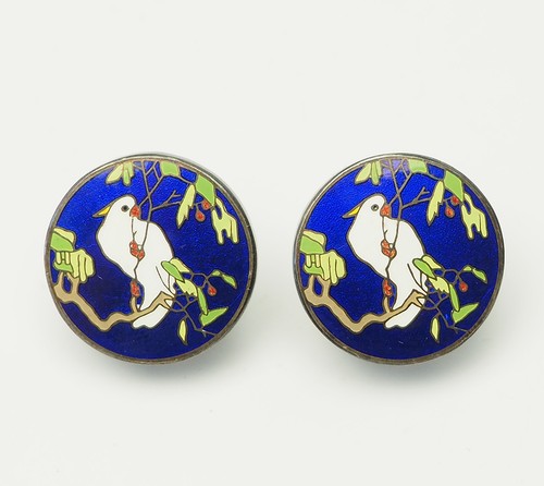 Bleu Vintage Émail Blanc Cacatoès Oiseau Rond Boucles D'Oreilles à Vis Arrière - Photo 1 sur 3