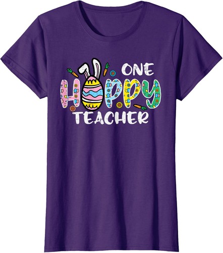 One Hoppy Teacher Cute Happy Easter Day Egg Bunny Ladies' Crewneck T-Shirt