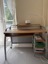 Light Wood & Grey Metal Computer Desk, Freestanding, 2 Shelves, 80x44x73cm