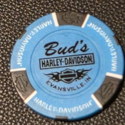 BUD'S HD ~ INDIANA (Biker Blue B&S back stamp) Harley Poker Chip (CLOSED)