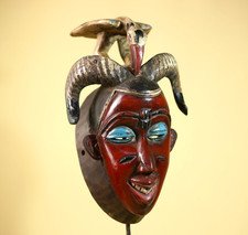 African Hand Carved Guro Mask With Bird & Ram Horns Tribal Art Wall Decor-G6053