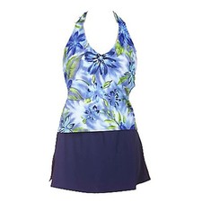 Roxanne Tropical Print Halter Style Skirted Tankini BLUE MULTI Size 34D