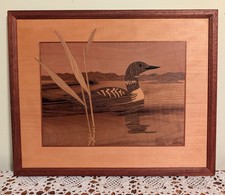 Hudson River Wood Inlay Common Loon Lake Cattail Marquetry Art Jeff Nelson NICE