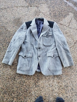 Pendleton Mens Western Blazer Jacket Size 40 Reg Gray Herringbone Wool & Suede