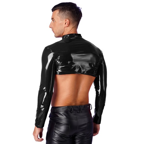 UK Mens Wet Look Leather Crop Top Long Sleeve Front Zipper Shrug Stage Costume - Picture 25 of 38