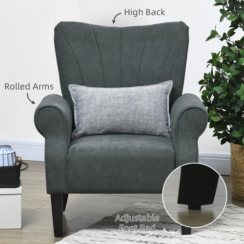Silla tapizada con respaldo alto, brazos enrollados y patas de madera, suave gruesa - Imagen 5 de 12