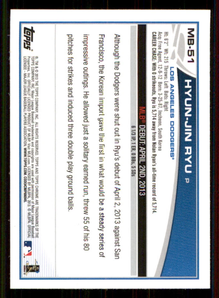 2013 Topps Chrome Update #MB51 Hyun-Jin Ryu - Image 2 of 2
