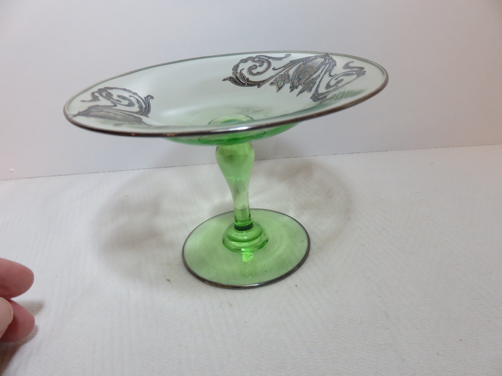 Vintage sterling silver overlay on green uranium glass compote