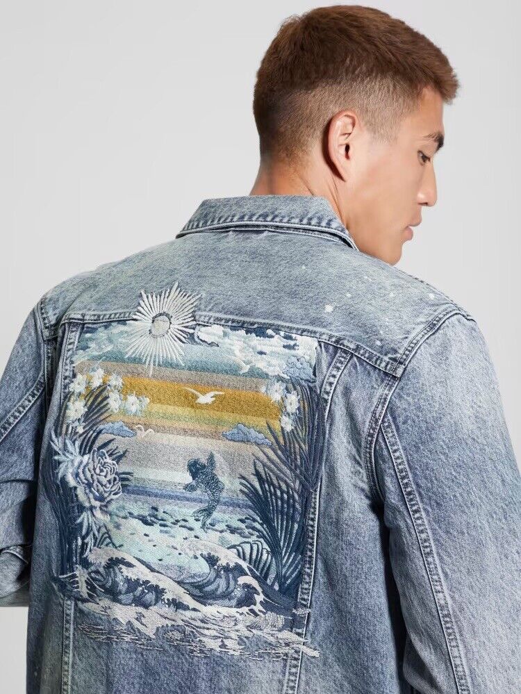 Guess Men's Eco Dillon Embroidered Denim Jacket Size Medium Guess Men's Eco Dillon Embroidered Denim Jacket Size Medium