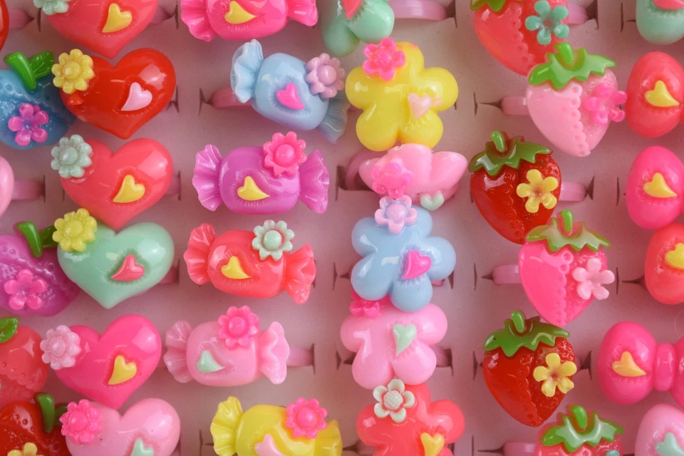 24 X RECUERDOS RINGS 派对爱好 心形 CHERRIES 蝴蝶结 粉色 红色 蓝色 黄色 — 第 2/4 张图片