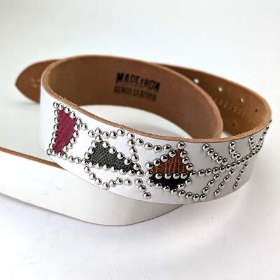 White Spider Web Studded Leather Belt 34in Waist Western 43mm Made