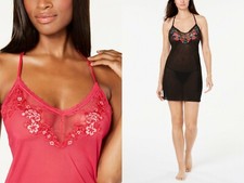 INC Embroidered Chemise Nightgown with Matching Thong Panties - Black or Red
