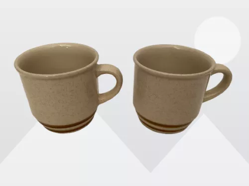 Stoneware Japan Pair Speckled Brown Double Striped 8 oz Cup Replacements Vtg