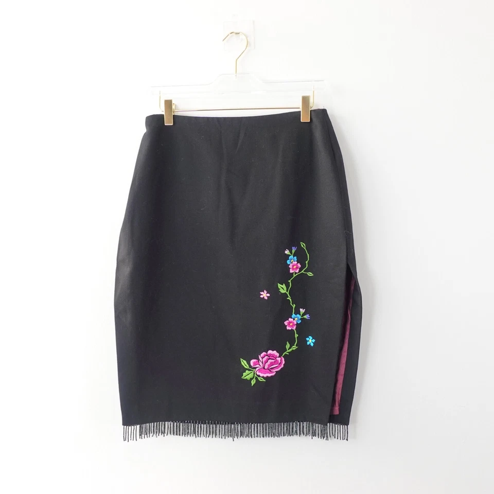 DE COLECCIÓN Guess Falda de Cóctel 8 Negro Floral Lana Cuentas Flecos Abertura Mandarín EE. UU.