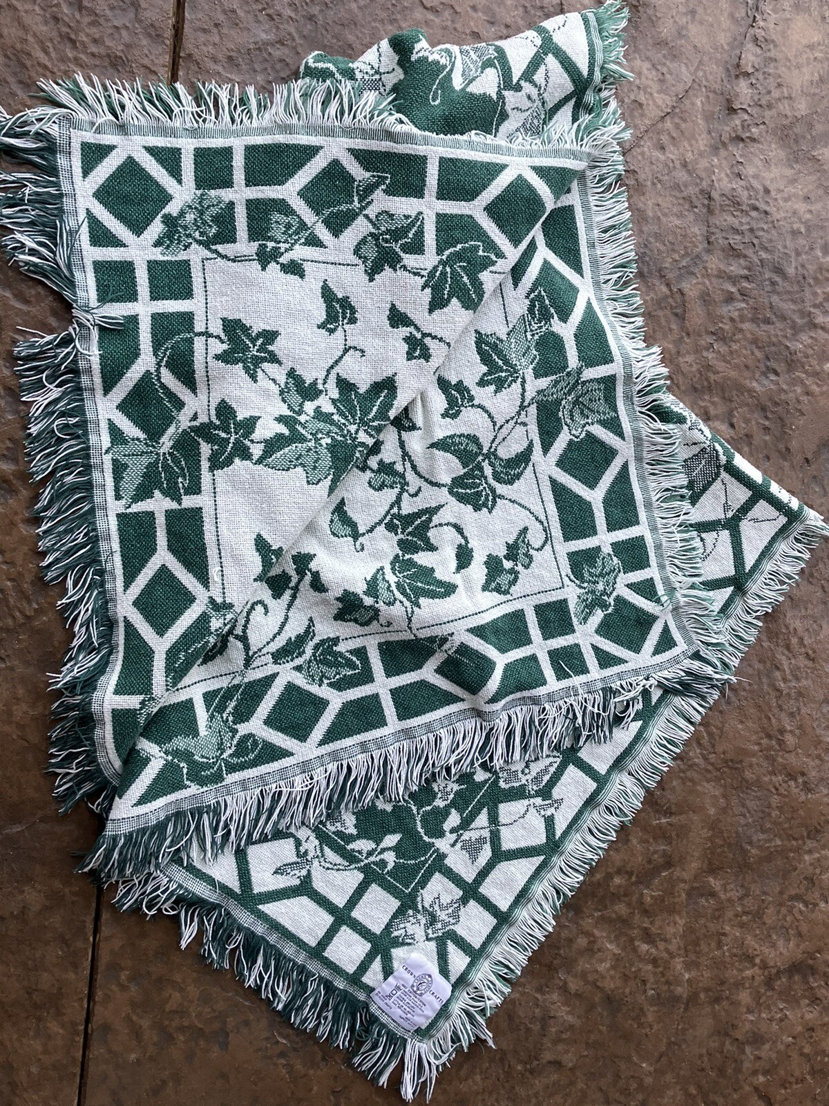 Vintage Crown Craft 100% Cotton Throw Blanket English Ivy Reversible Green & Tan