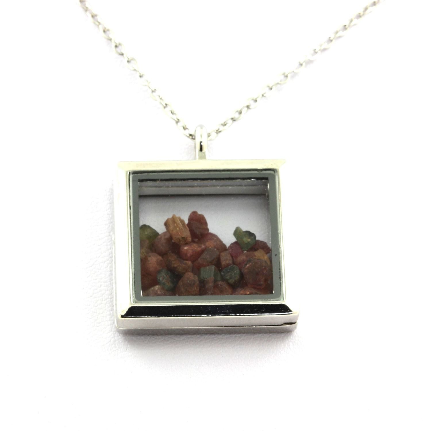 Collier en tourmaline multicolore brute pendentif carré argent