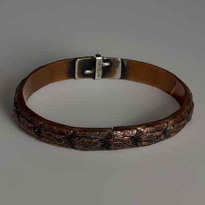 Vintage WHITING & DAVIS Copper-Tone Hinged-Cuff Bracelet Etched Leaf   Art Deco