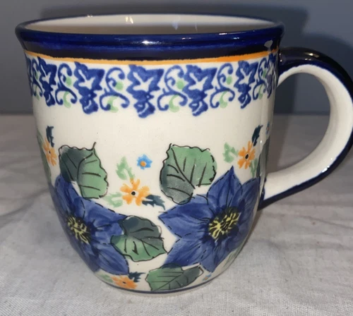Polish Pottery Coffee Mug 12 Oz. Blue Flowers Unikat Signature