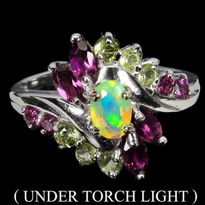925 Sterling Silver Ring Oval Fire Opal 6x4mm Peridot Rhodolite No USA Import Fe