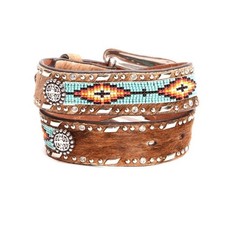 Ariat Leather Belt Western Hair On Hide Silver Concho Beaded Rhinestone Size 22