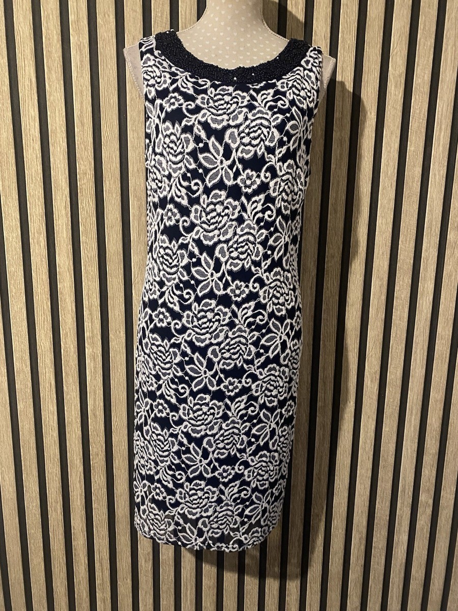Roman Blue/White Lace Mesh Floral Shift Dress Bead Neckline Size