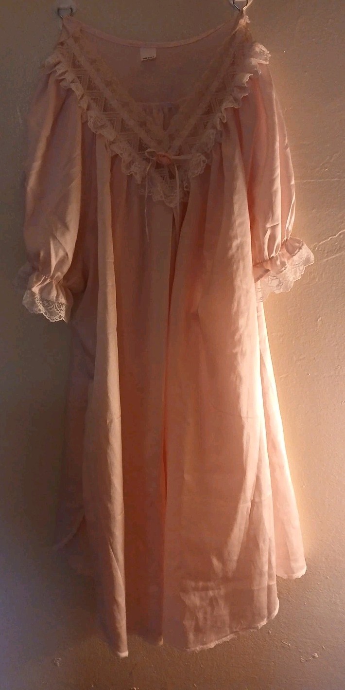 Sears VINTAGE 1968 Pink Night Gown, Size L (16-18) Lace Pink Roses