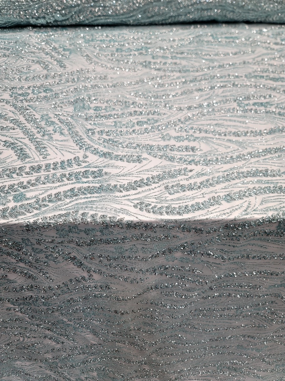 Mint Glitter Lace Rhinestones Geometric Pattern Fashion Fabric Sold By The Yard 