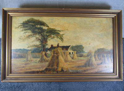 Lovely Antique Eliza Or Lena Greatorex 1884 Landscape Oil, Board Hay Corn Stooks