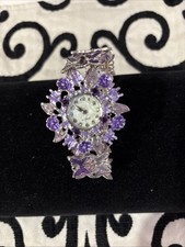 Floral Butterfly Watch Women Purple Silver Tone Stretch Band Bracelet Quartz