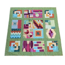 Vtg Handmade Patchwork Quilt Granny Square patchwork embroidered Floral 60x52