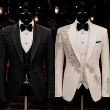 Luxury Men's Suit with Rhinestone Wedding 3Pcs Formal Prom Hosting Jacket Tuxedo