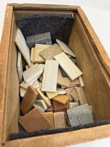 Vintage Ceramic Tile Sample Lot in Wooden Slide Lid Box Mid Century Display 60+