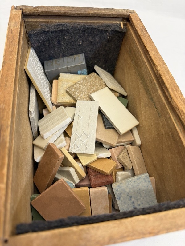 Vintage Ceramic Tile Sample Lot in Wooden Slide Lid Box Mid Century Display 60+