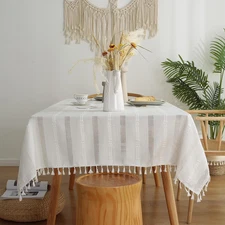 Rustic Stripe Embroidered Tablecloth Heavy Square Tassel Cotton Linen Table Clot
