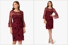 Adrianna Papell Embroidered Sheath Dress Red Ruffle Sleeves UK22 E5220