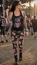 Women's Plus Size Black USA American Flag Skull Leggings Capri OS 1X 2X 3X 4X 5X
