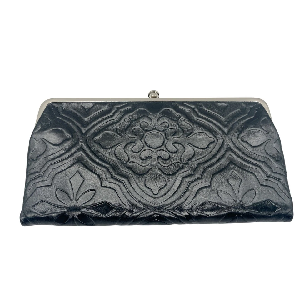 Cartera sin asas Hobo Lauren de cuero negro con cierre de beso en relieve con doble marco Foto 2 de 4