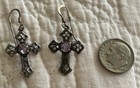 Gorgeous Vintage Silver Ornate Dangle Cross Earring Amethyst Stone Pierced Drop — photo 4