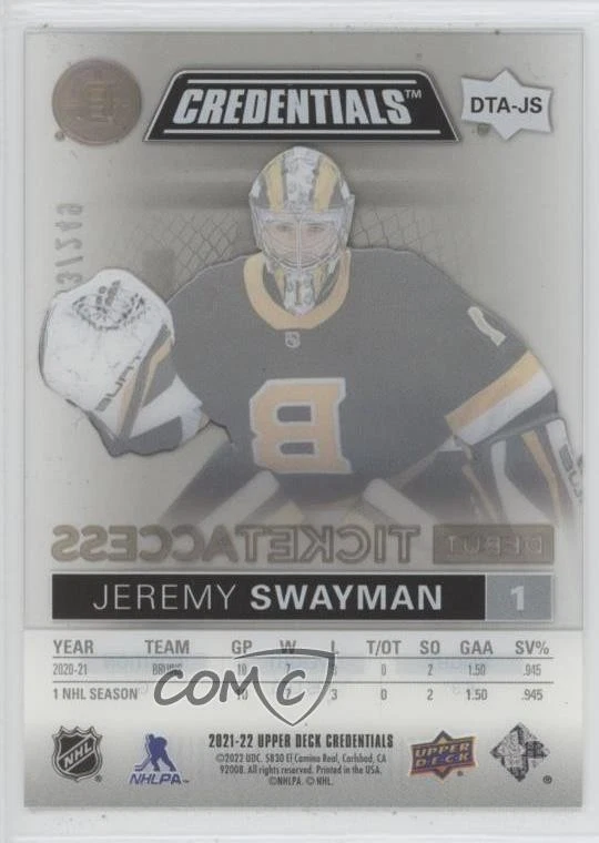 2021-22 Credentials Debut Ticket Access Acetate /249 Jeremy Swayman Rookie RC - Image 2 of 2