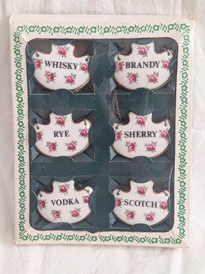 Set of 6 Vintage Royal Adderley Floral Bone China Decanter Labels Boxed