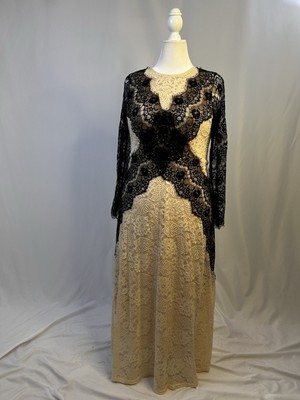 Differentes Crème And Black Lace Evening Dress Long Sleeve Maxi Lined Whimsy XL