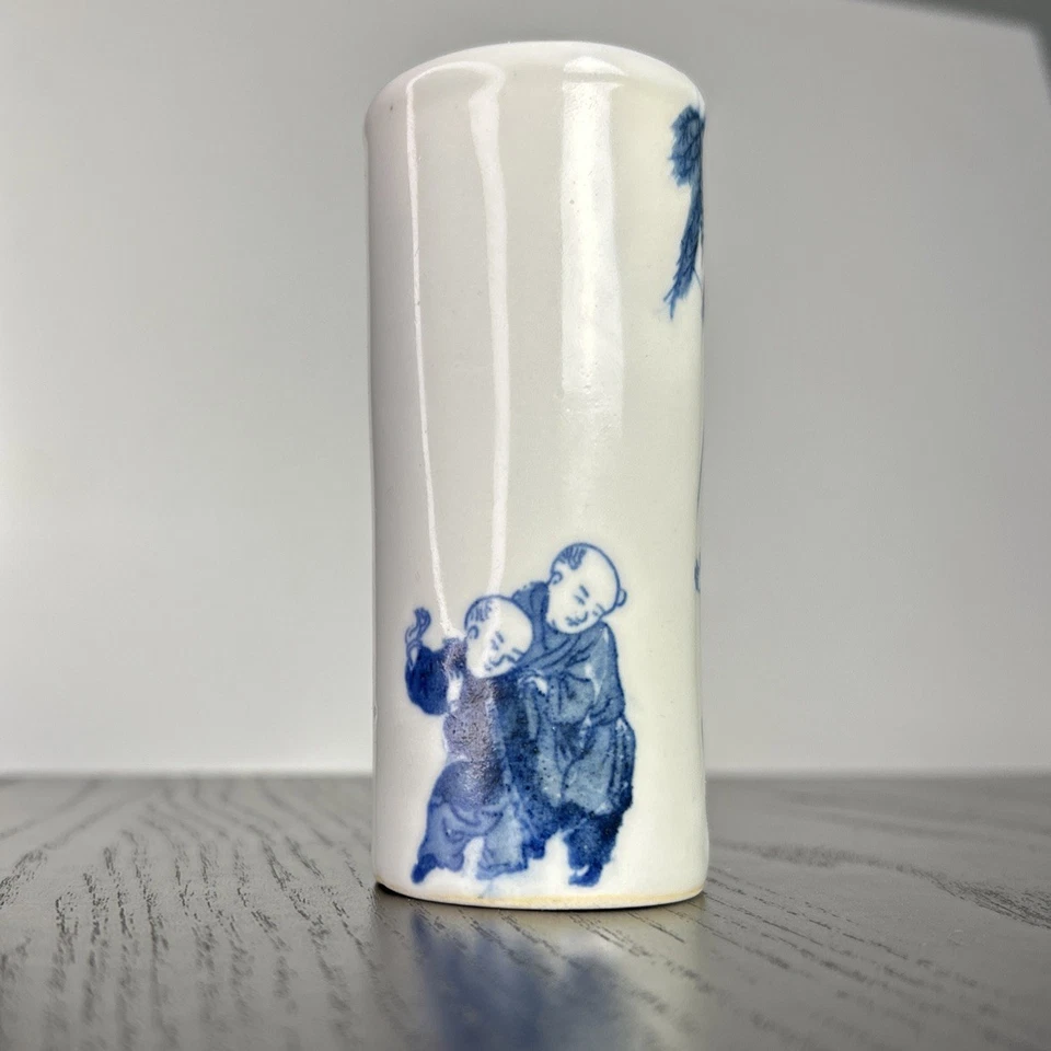 Vintage Chinese Blue White Porcelain Brush Pot Bitong Boys at Play Hand Painted - Image 2 of 4