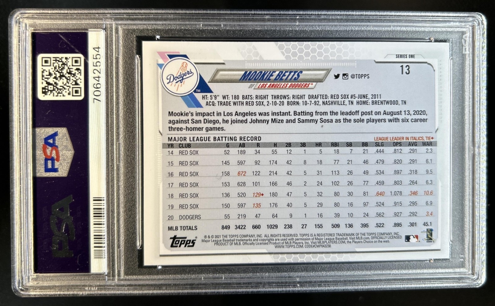 2021 Topps Mookie Betts SP #13 Dodgers PSA 9 view 2