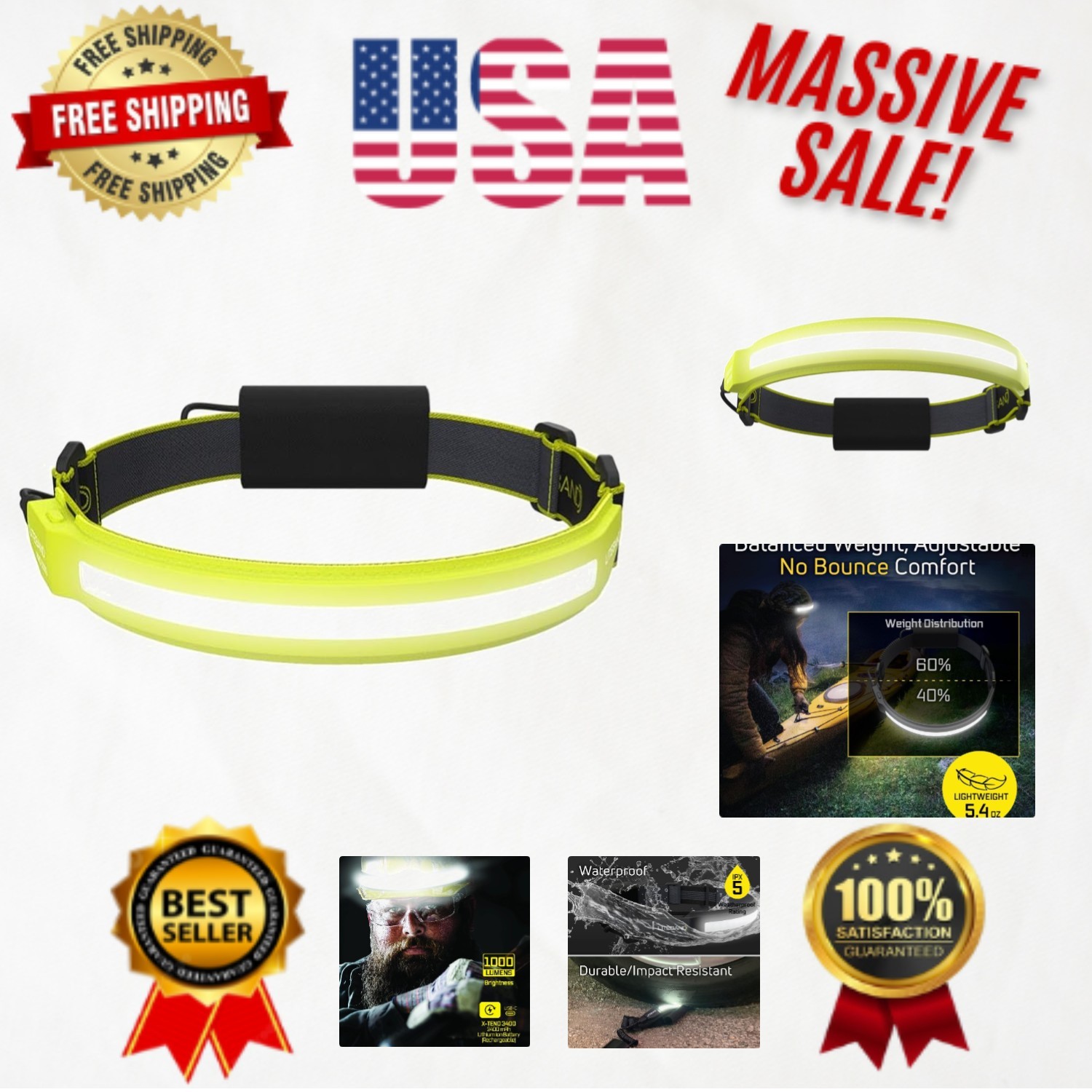 Faro LED recargable Liteband PRO 1000 lúmenes - Ideal para acampar y correr